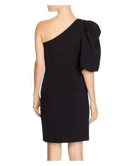 BLACK HALO Womens Black Zippered Lined Balloon Sleeve Asymmetrical Neckline Above The Knee Cocktail Sheath Dress 2