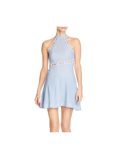 KEEPSAKE Womens Light Blue Textured Zippered Eyelet Lace Details Sleeveless Round Neck Mini Party Fit + Flare Dress 8