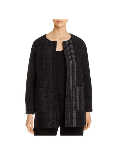 EILEEN FISHER Womens Black Pocketed Textured Printed Long Sleeve Off Shoulder Wear To Work Blazer Jacket M