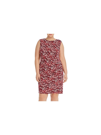 NIC+ZOE Womens Pink Stretch Ruched Pull Over Styling Printed Sleeveless Jewel Neck Above The Knee Cocktail Sheath Dress Plus 1X