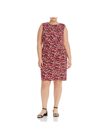 NIC+ZOE Womens Pink Stretch Ruched Pull Over Styling Printed Sleeveless Jewel Neck Above The Knee Cocktail Sheath Dress Plus 1X