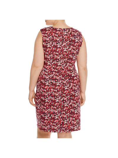 NIC+ZOE Womens Pink Stretch Ruched Pull Over Styling Printed Sleeveless Jewel Neck Above The Knee Cocktail Sheath Dress Plus 1X