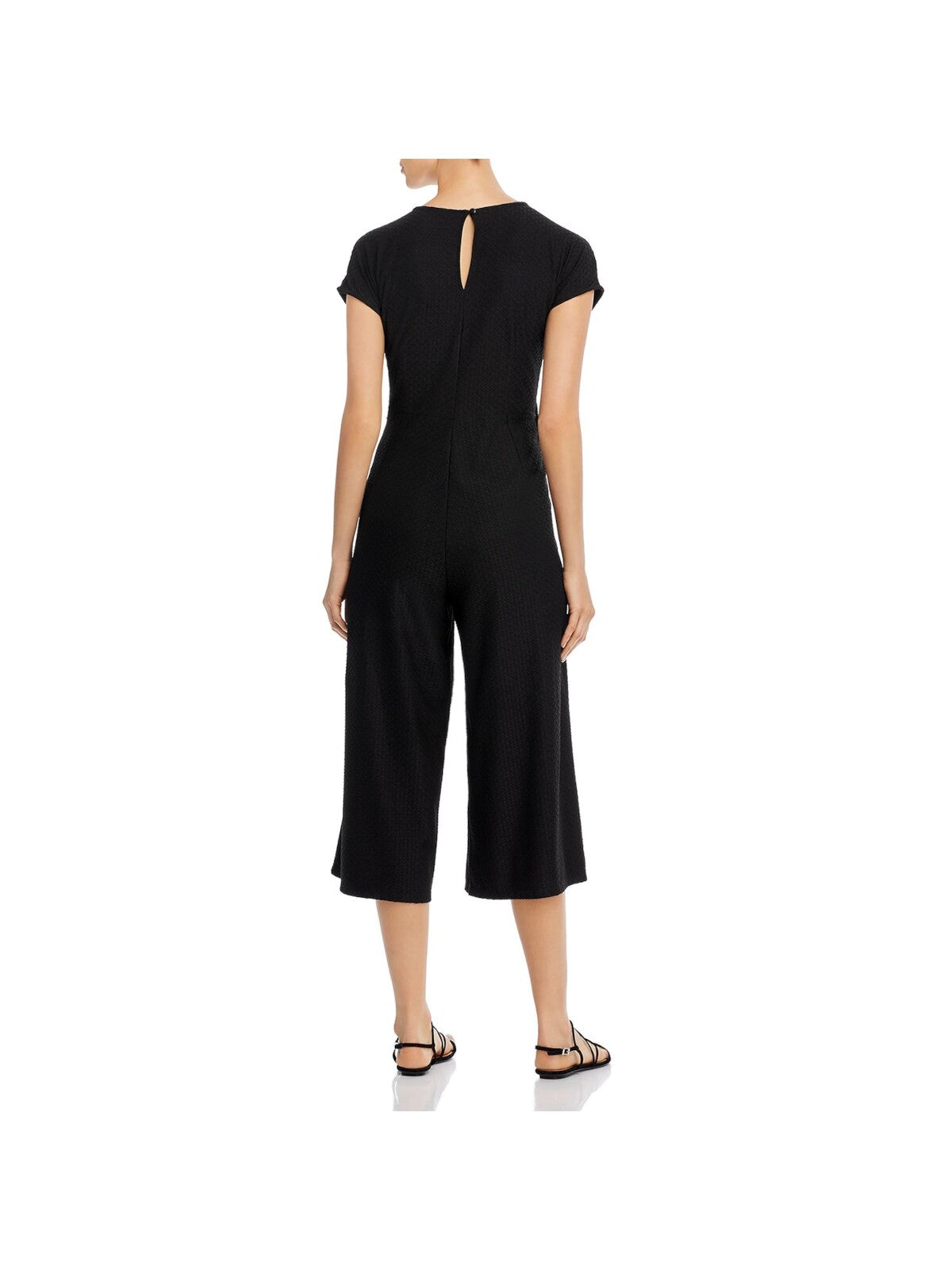 CUPIO Womens Stretch Textured Belted Cropped Short Sleeve V Neck Flare Jumpsuit