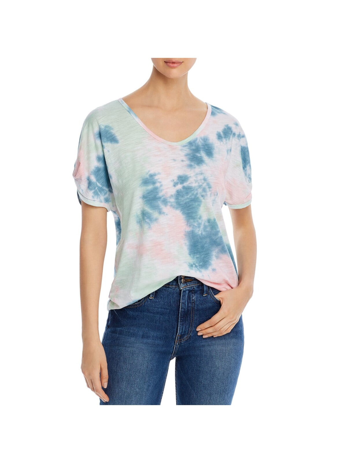 CUPIO BLUSH Womens Pink Ruched Pullover Styling Tie Dye Short Sleeve V Neck T-Shirt M