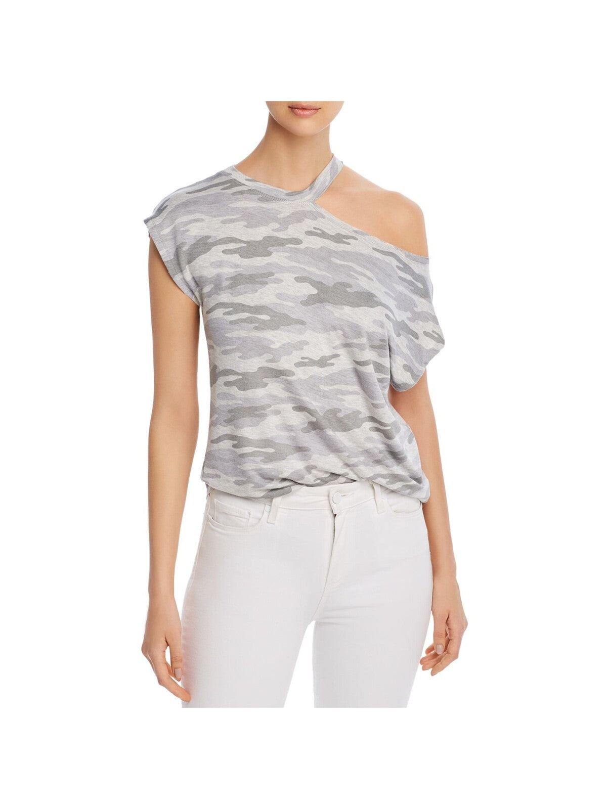 ELAN Womens Gray Stretch Cut Out Camouflage Cap Sleeve Crew Neck Top S