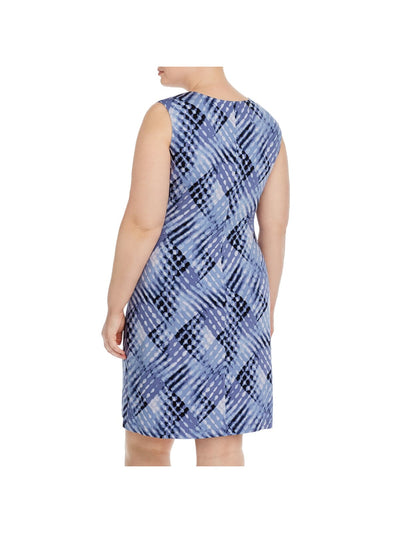 NIC+ZOE Womens Blue Stretch Twist Front Lined Tie Dye Sleeveless V Neck Knee Length Wear To Work Sheath Dress Plus 1X