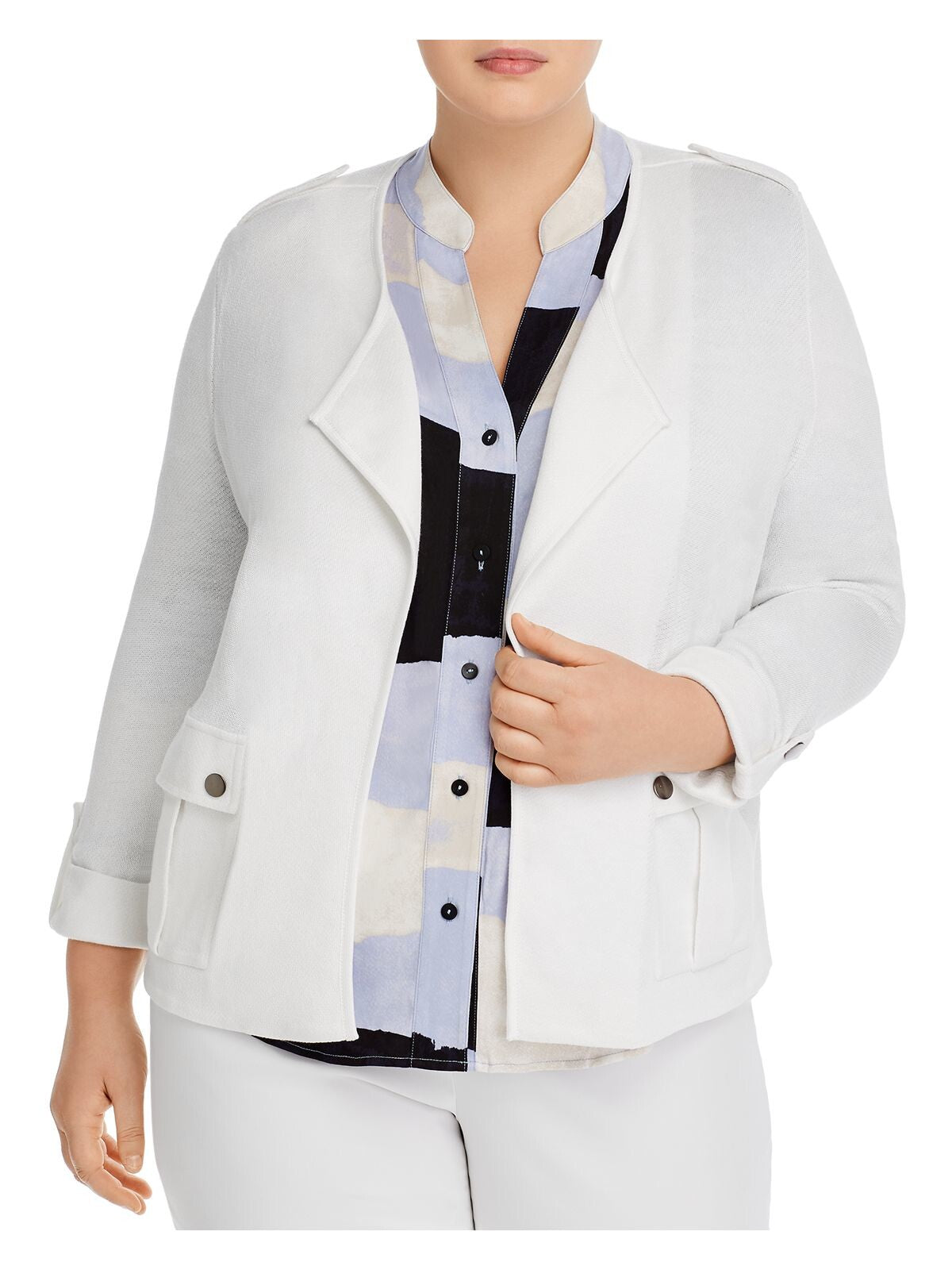 NIC+ZOE Womens White Knit Pocketed Textured Button Roll-tab Sleeve Open Front Jacket Plus 3X