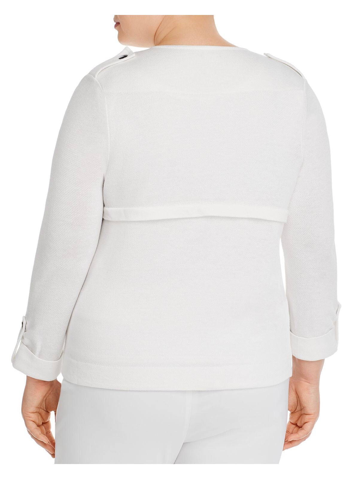 NIC+ZOE Womens White Knit Pocketed Textured Button Roll-tab Sleeve Open Front Jacket Plus 3X