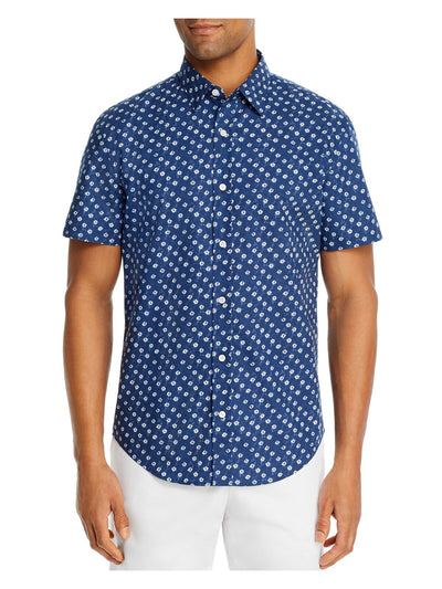 The Mens store Mens Blue Patterned Short Sleeve Classic Fit Button Down Casual Shirt M