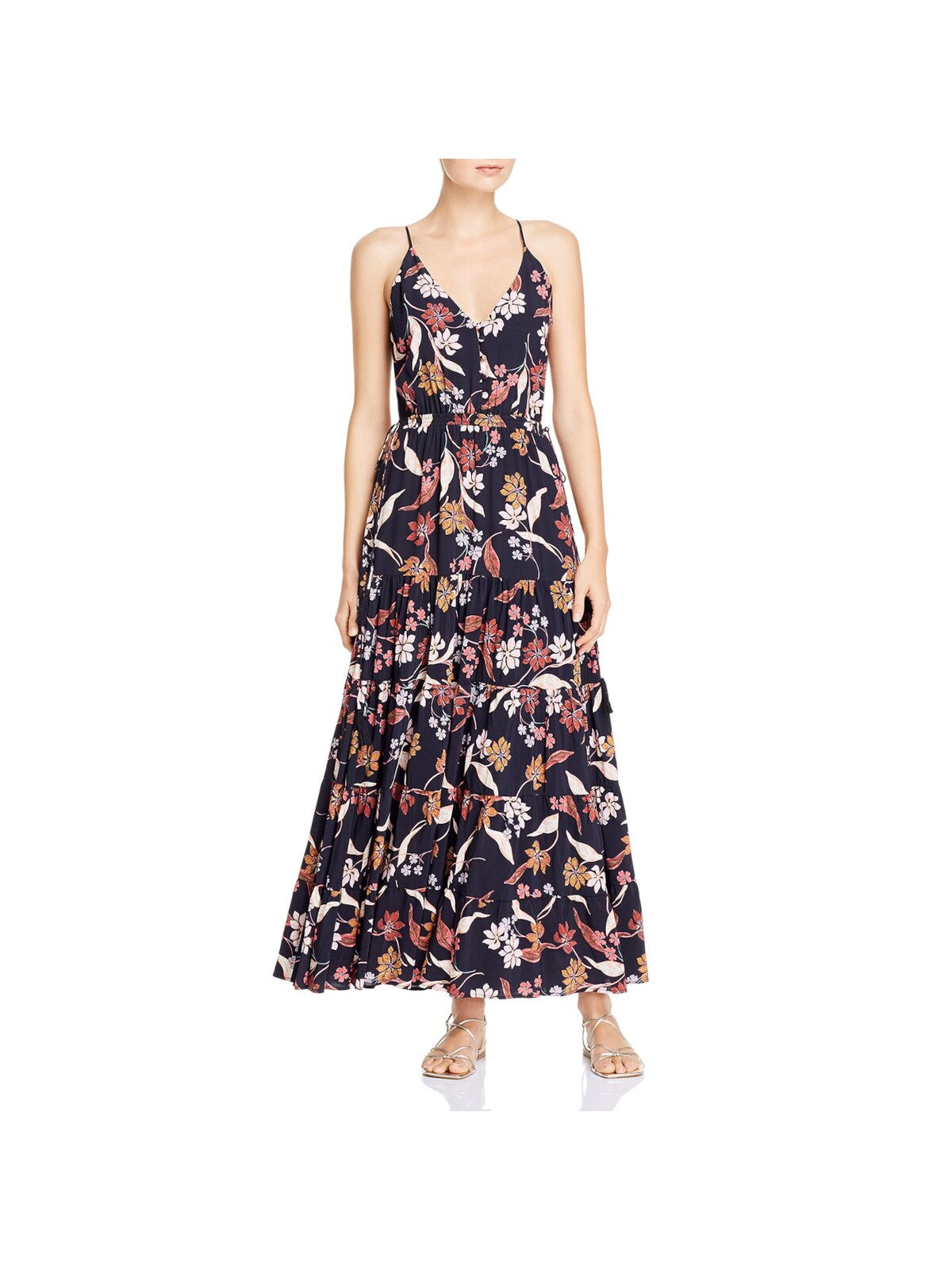 DOLAN Womens Spaghetti Strap V Neck Maxi Drawstring Waist Tiered Fit + Flare Dress