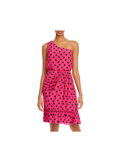 DEREK LAM 10 CROSBY Womens Pink Zippered Ruffled Pleated Unlined Gathered Polka Dot Sleeveless Asymmetrical Neckline Above The Knee Faux Wrap Dress 0