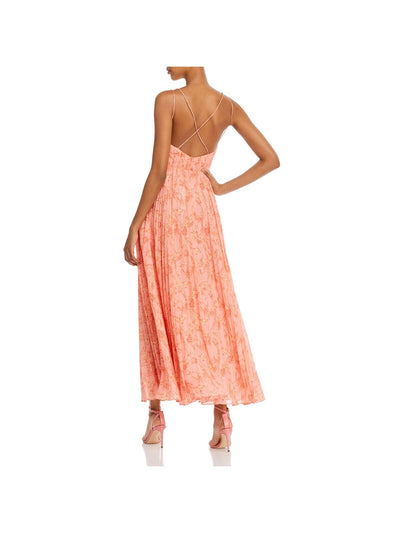 AMUR Womens Orange Cut Out Zippered Sheer Lined Pleated Floral Spaghetti Strap V Neck Maxi Party Fit + Flare Dress 10