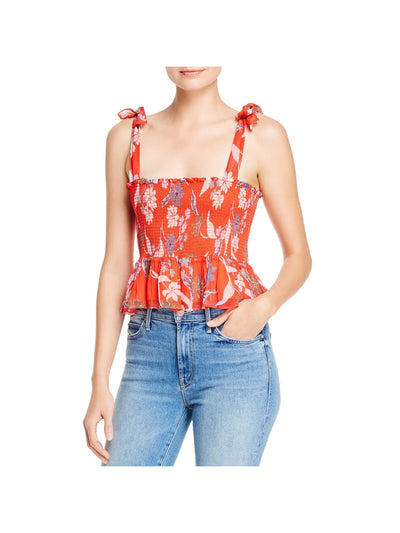 DOLAN Womens Red Stretch Smocked Ruffled Pleated Tank Floral Sleeveless Square Neck Top S