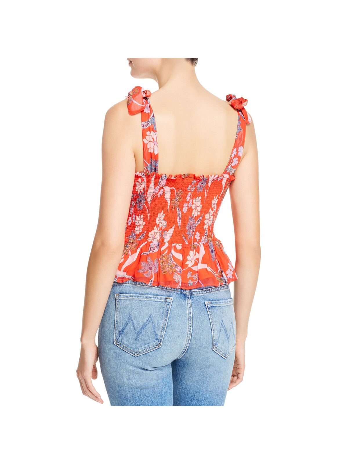 DOLAN Womens Red Stretch Smocked Ruffled Pleated Tank Floral Sleeveless Square Neck Top M