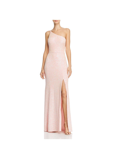 AQUA FORMAL Womens Pink Stretch Sequined Zippered Slitted Lined Sleeveless Asymmetrical Neckline Full-Length Prom Gown Dress 0