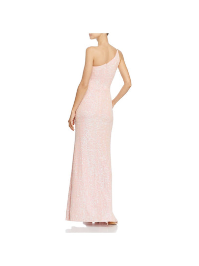 AQUA FORMAL Womens Pink Stretch Sequined Zippered Slitted Lined Sleeveless Asymmetrical Neckline Full-Length Prom Gown Dress 0