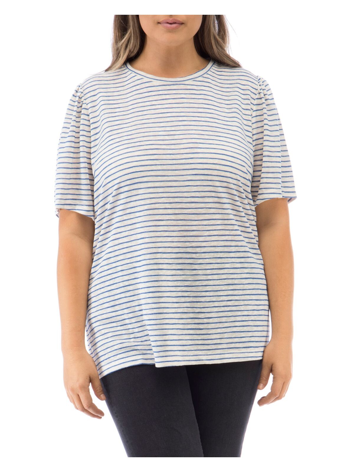 B COLLECTION Womens Ivory Sheer Pullover Striped Pouf Sleeve Crew Neck T-Shirt Plus 1X