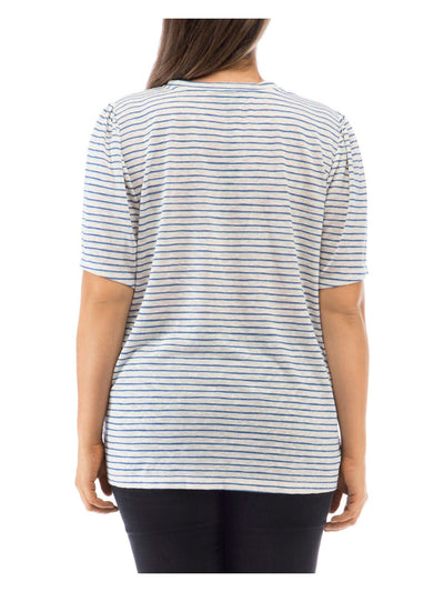 B COLLECTION Womens Ivory Sheer Pullover Striped Pouf Sleeve Crew Neck T-Shirt Plus 1X