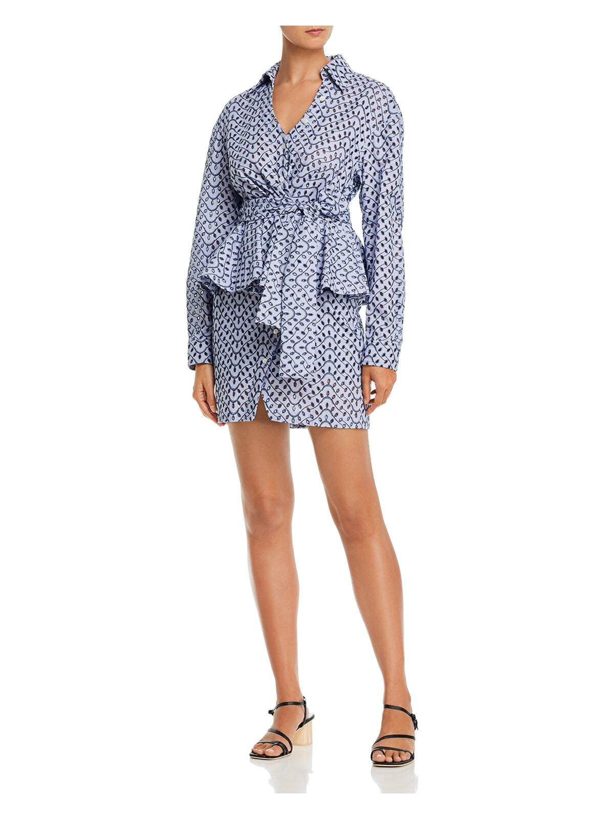 DEREK LAM 10 CROSBY Womens Blue Ruffled Tie Eyelet  Embroidered Button Printed Cuffed Sleeve Collared Mini Party Peplum Dress 4