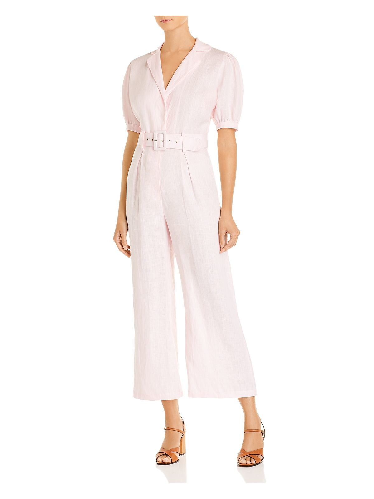 FAITHFULL THE BRAND Womens Pink Belted Pleated Button Front Short Sleeve Collared Jumpsuit L