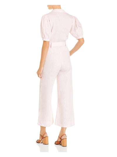 FAITHFULL THE BRAND Womens Pink Belted Pleated Button Front Short Sleeve Collared Jumpsuit L