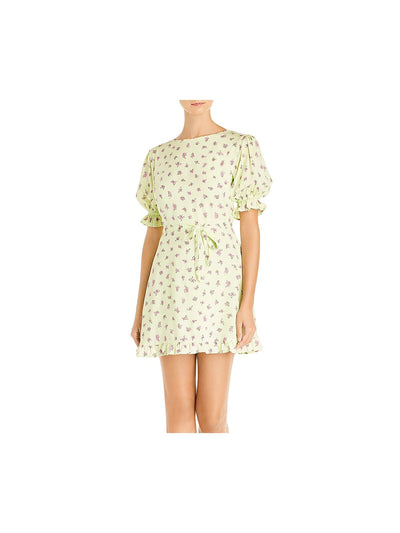 FAITHFULL THE BRAND Womens Green Ruffled Tie Floral Elbow Sleeve Crew Neck Short Fit + Flare Dress XS