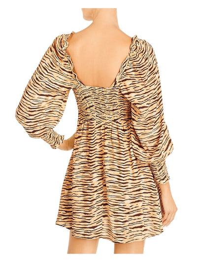 FAITHFULL THE BRAND Womens Yellow Stretch Smocked Pleated Tie Animal Print Blouson Sleeve Square Neck Mini Party Fit + Flare Dress S