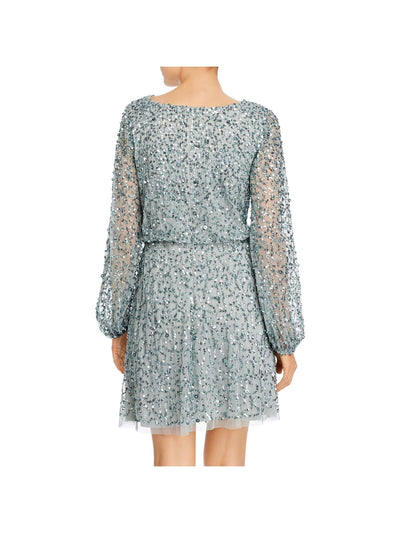 ADRIANNA PAPELL Womens Green Sequined Zippered Long Sleeve Boat Neck Short Party A-Line Dress 2