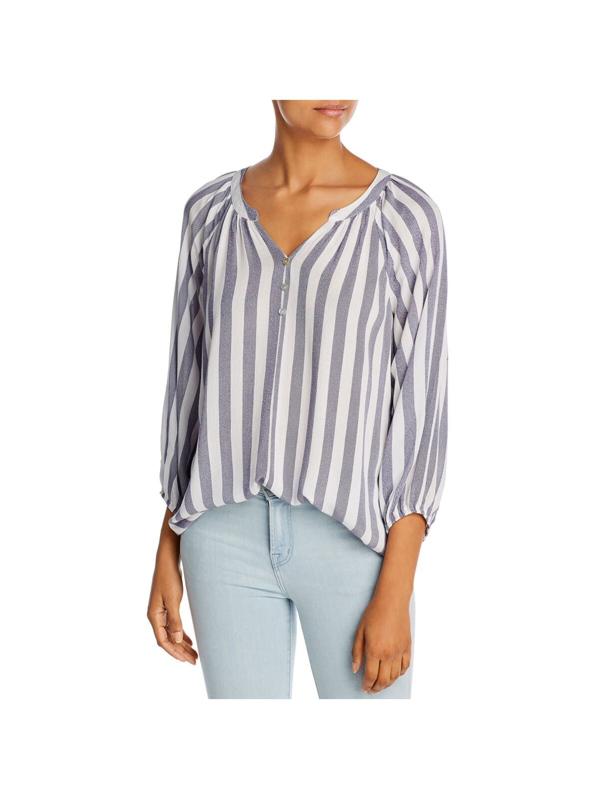 CHENAULT Womens White Striped Split Top M