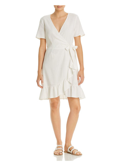 VERO MODA Womens White Woven Ruffled Side Tie Closure Short Sleeve Surplice Neckline Mini Faux Wrap Dress S