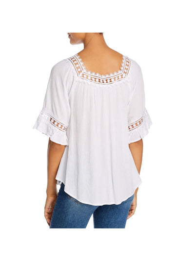 ALI & ANDI Womens White Textured Ruffled Crochet Trim Elbow Sleeve Square Neck Top XL