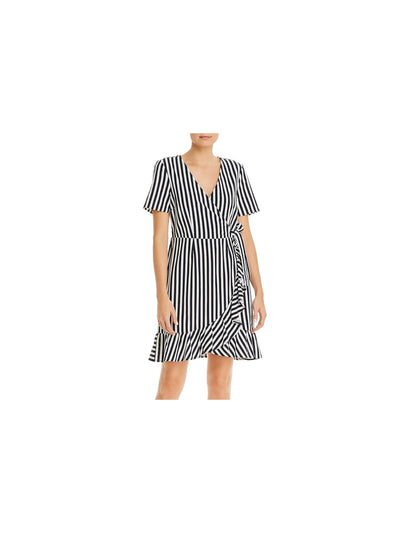 VERO MODA Womens White Ruffled Tie Back Elastic Waist Striped Short Sleeve V Neck Above The Knee Cocktail Wrap Dress XS