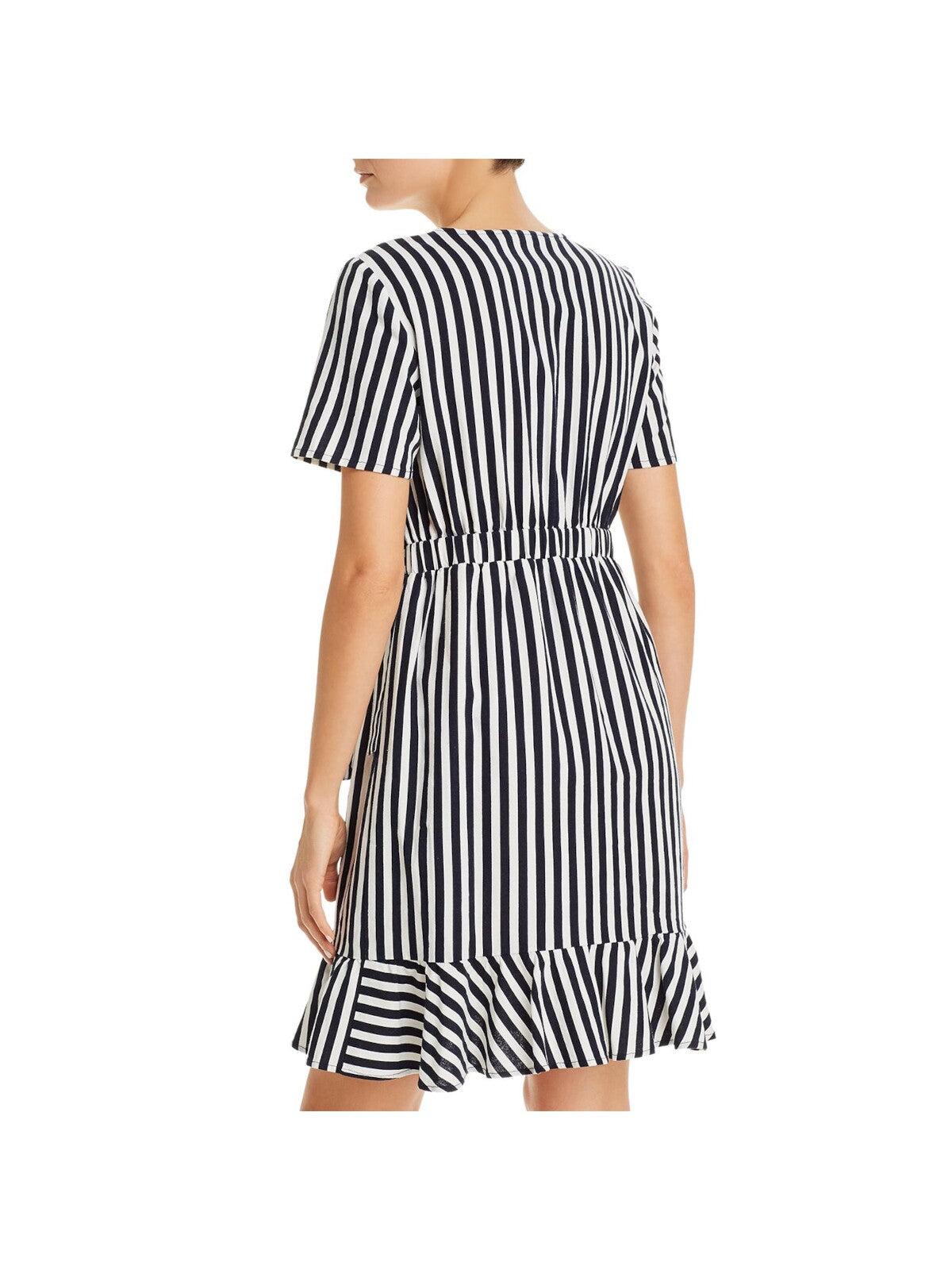 VERO MODA Womens White Ruffled Tie Back Elastic Waist Striped Short Sleeve V Neck Above The Knee Cocktail Wrap Dress XS