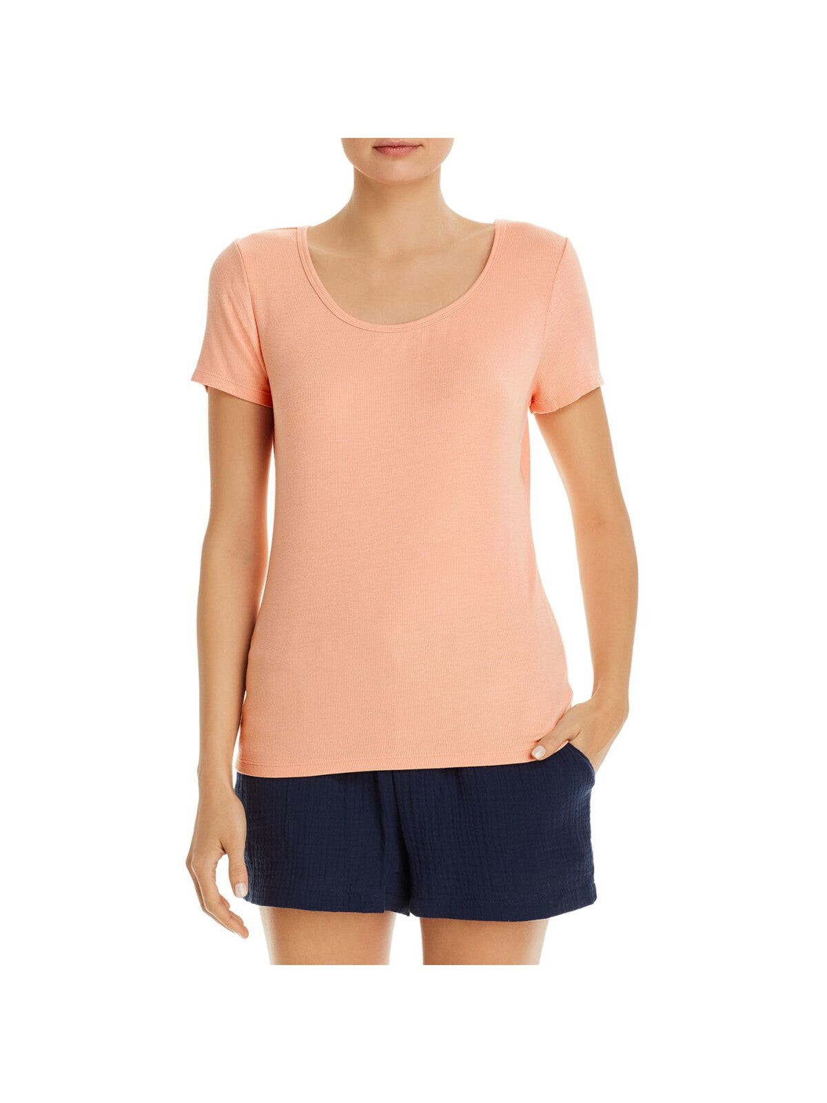 THREE DOTS Womens Ribbed Short Sleeve Scoop Neck T-Shirt