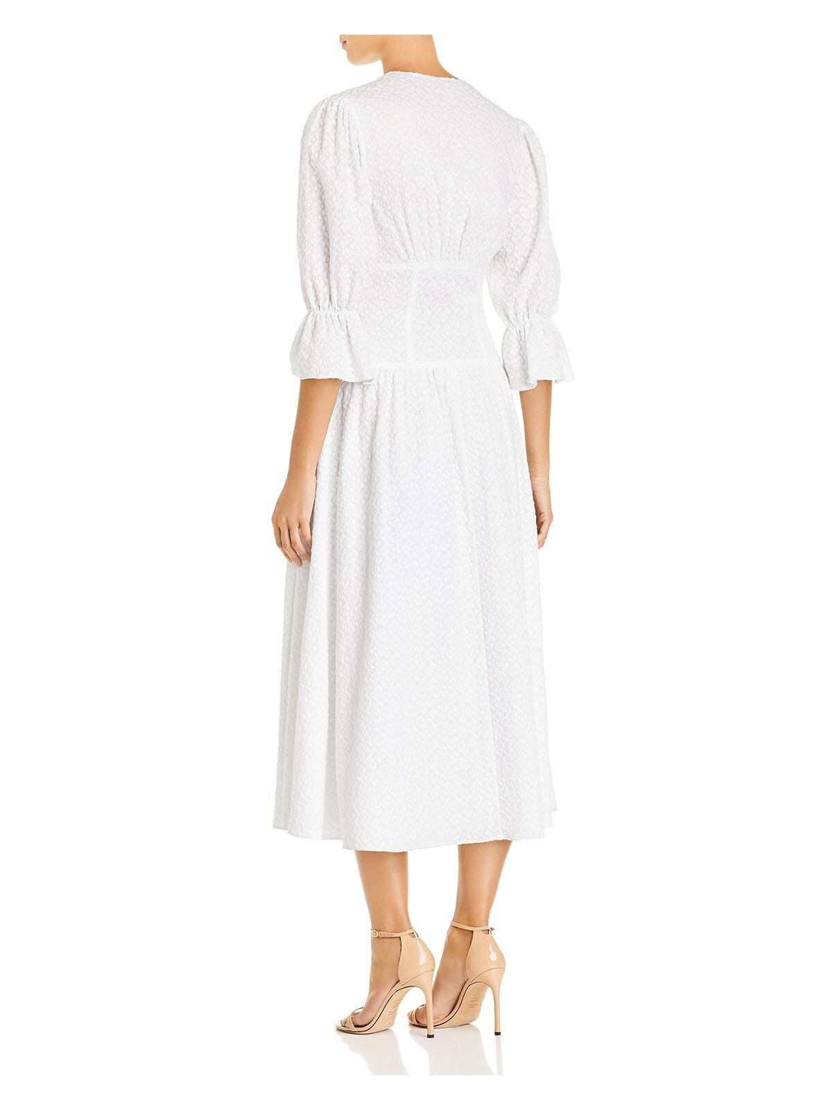 LA VIE Womens White Pleated Gathered Button Down 3/4 Sleeve V Neck Midi Evening Fit + Flare Dress XS