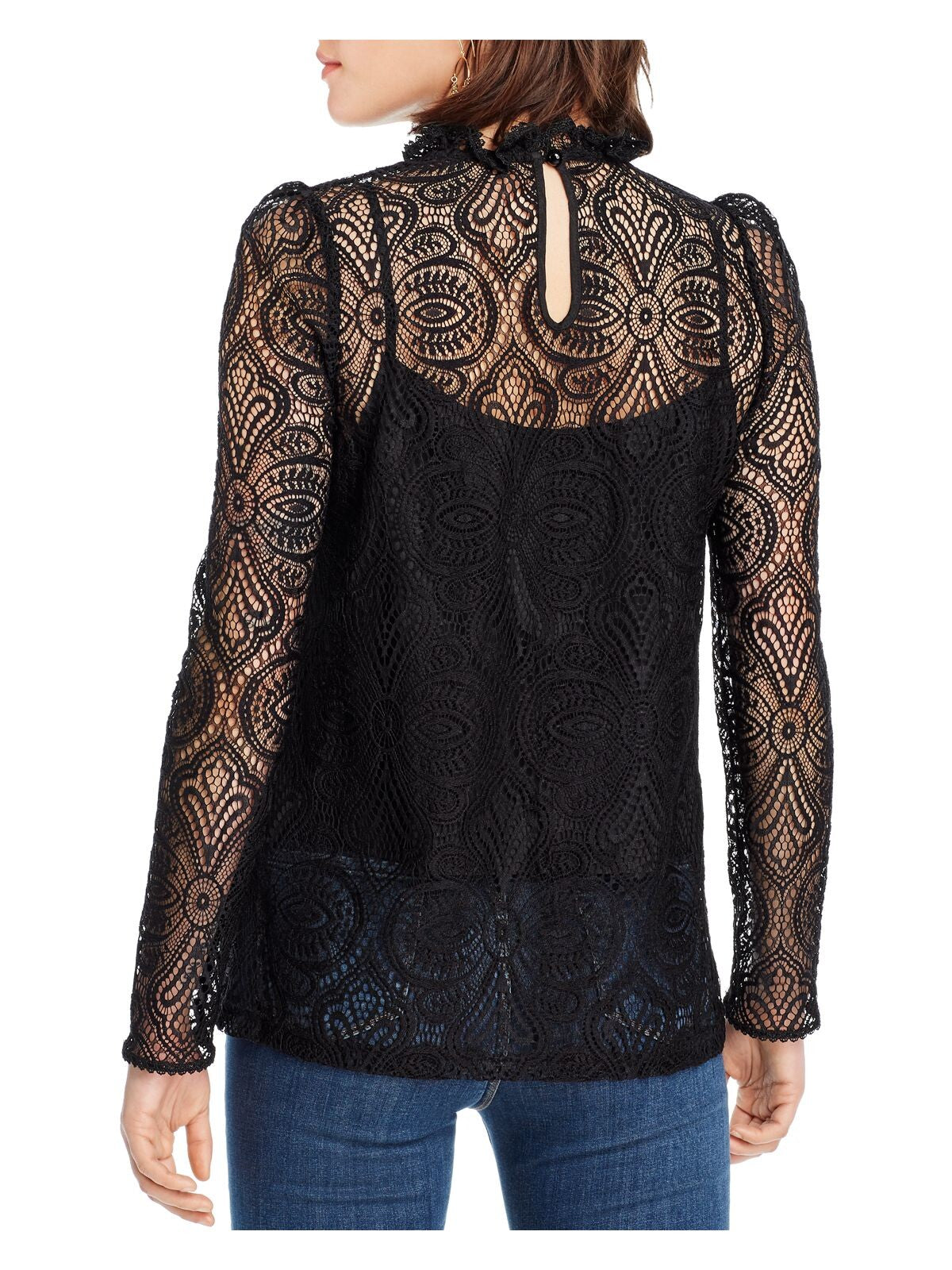 LINI Womens Black Crochet Top With Mock Neck Long Sleeve Top Size: XS