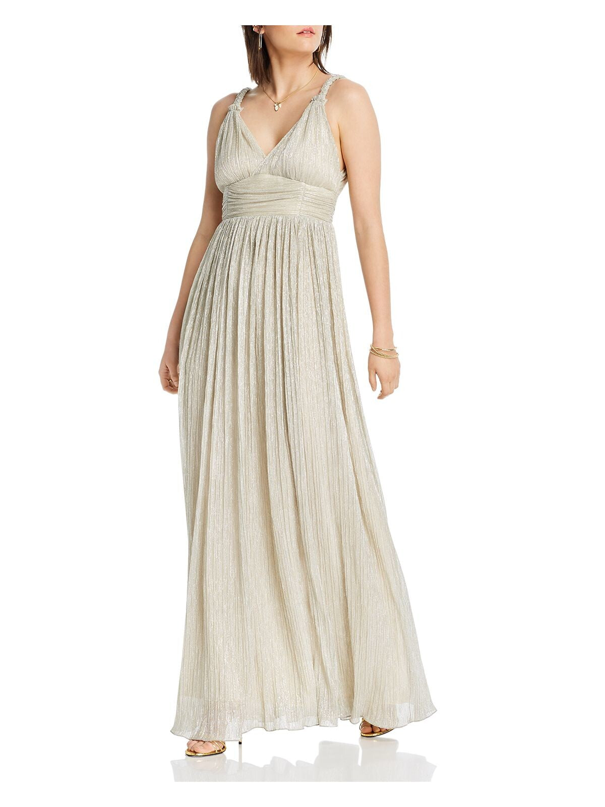 LINI Womens Beige Zippered Textured Lined V Back Braided Straps Pinstripe Sleeveless V Neck Full-Length Evening Gown Dress S