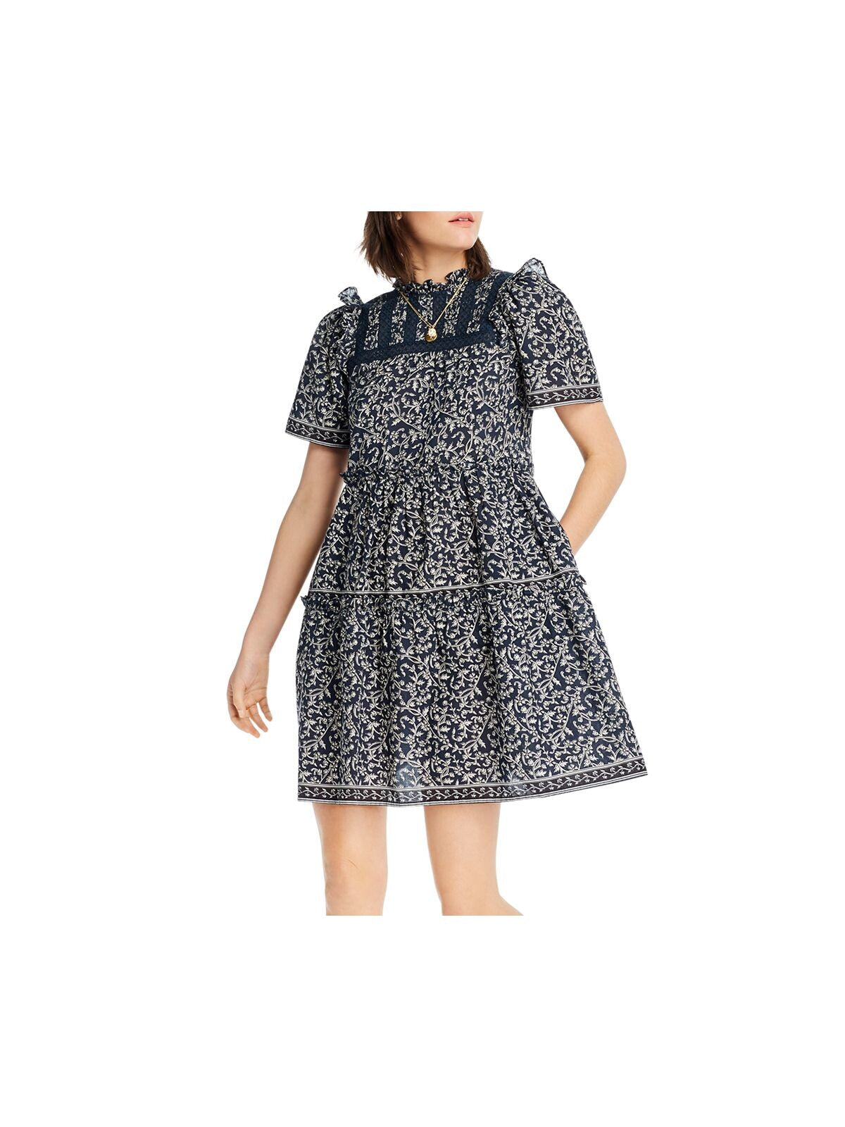 LINI Womens Blue Pocketed Ruffled Eyelet Trim Keyhole Back Tiered Printed Short Sleeve Mock Neck Short Fit + Flare Dress M