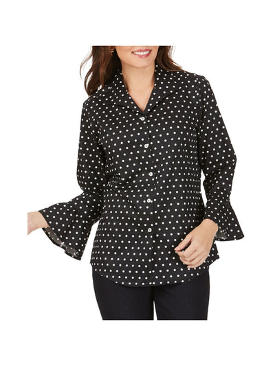 FOXCROFT Womens Black Cotton Ruffled Curved Hem Polka Dot Bell Sleeve Collared Wear To Work Blouse 2