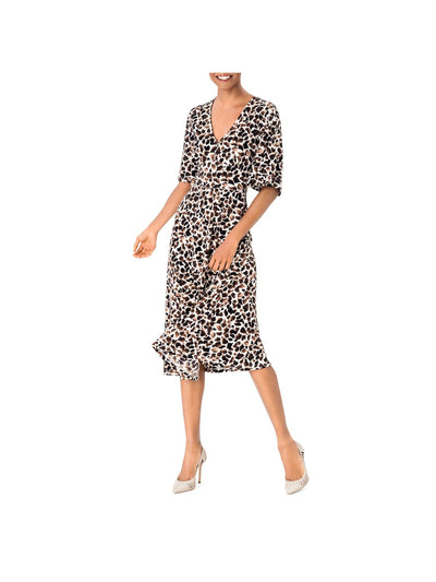 LEOTA Womens Brown Animal Print Flutter Sleeve V Neck Midi Fit + Flare Dress XS