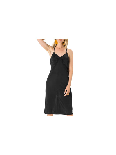 LEOTA Womens Stretch Ruched Adjustable Straps Spaghetti Strap V Neck Below The Knee Sheath Dress