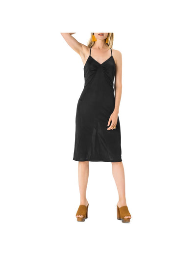 LEOTA Womens Stretch Ruched Adjustable Straps Spaghetti Strap V Neck Below The Knee Sheath Dress