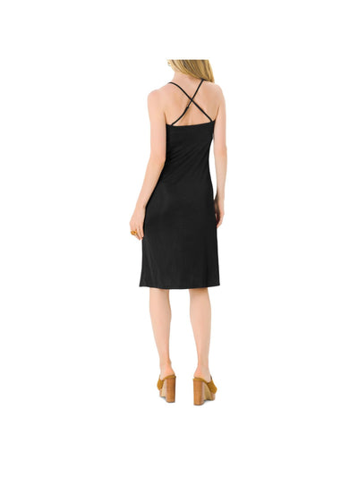 LEOTA Womens Stretch Ruched Adjustable Straps Spaghetti Strap V Neck Below The Knee Sheath Dress