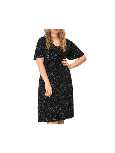 LEOTA Womens Black Stretch Twist Front Lightweight Jersey Polka Dot Flutter Sleeve V Neck Midi Fit + Flare Dress Plus 2X