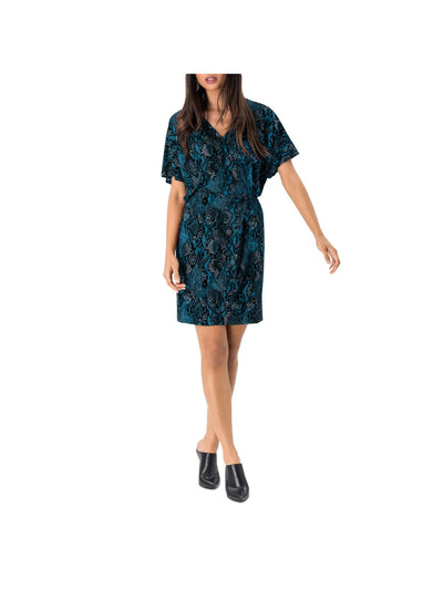 LEOTA Womens Stretch Flutter Sleeve Surplice Neckline Mini Party Faux Wrap Dress