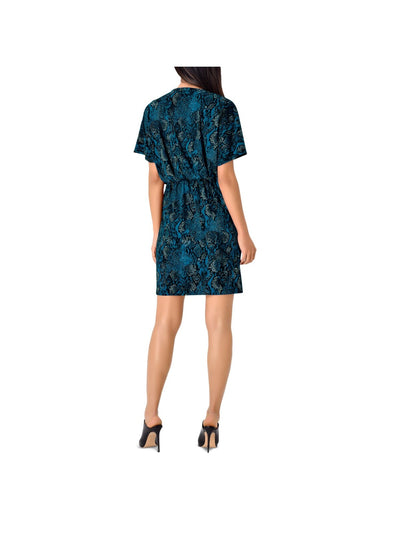 LEOTA Womens Stretch Flutter Sleeve Surplice Neckline Mini Party Faux Wrap Dress