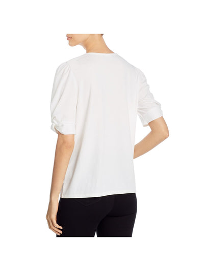 K & C Womens White Stretch Ribbed Twist Knot Puff Sleeve Jewel Neck Top M