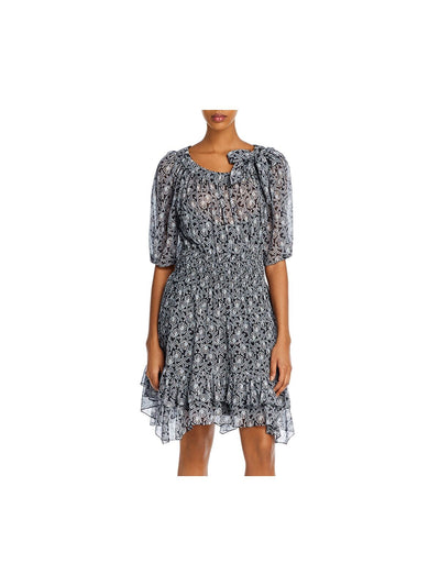 REBECCA TAYLOR Womens Navy Floral 3/4 Sleeve Scoop Neck Above The Knee Fit + Flare Dress 12