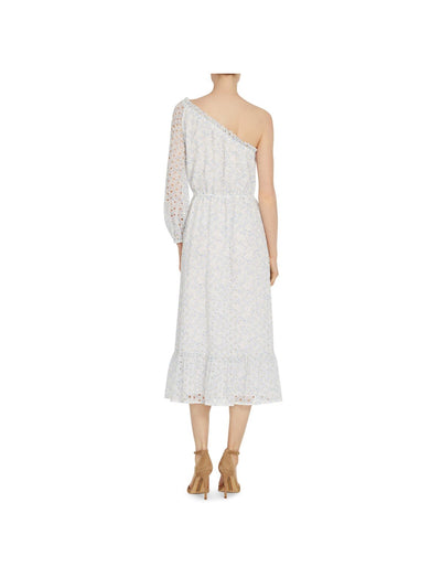 ML MONIQUE LHUILLIER Womens White Ruffled Eyelet 3/4 Balloon Sleeve One-shoulder Printed Asymmetrical Neckline Midi Party Fit + Flare Dress 0