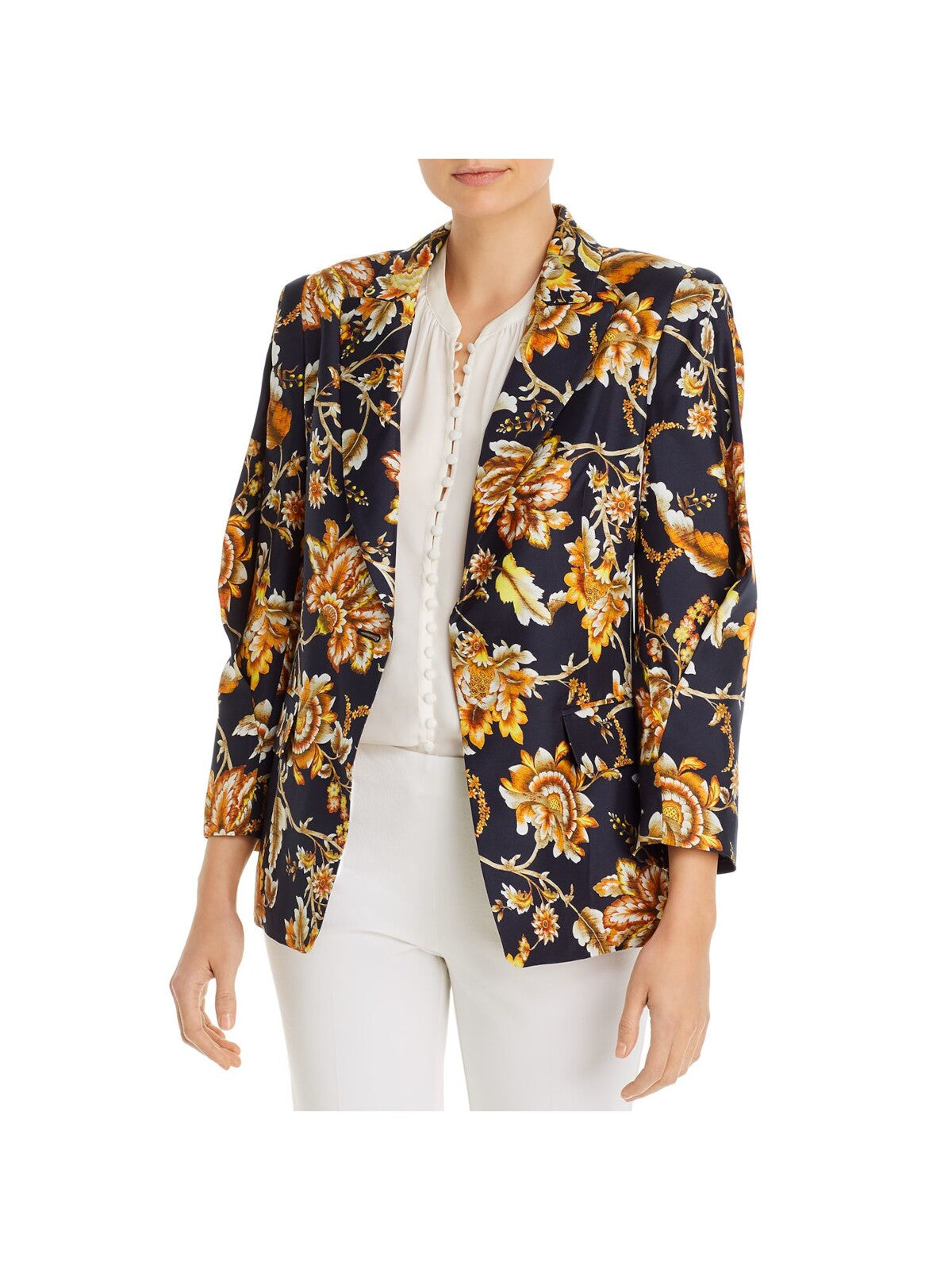 KOBI HALPERIN Womens Black Pocketed Darted Single Breasted Floral Long Sleeve Collared Wear To Work Blazer Jacket M